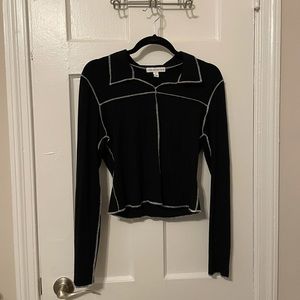 And Now This Collared Long Sleeve Contrast Stitching Black and White Shirt